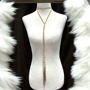 Unique Suede & Stone Bead Gold Tassel Lariat Necklace